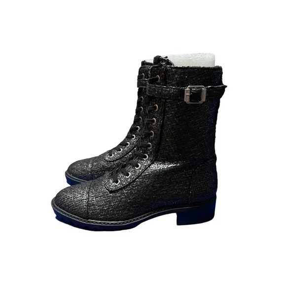 STUART WEITZMAN Tweed Tweed Metallic Pattern Combat Boots Size 6 - Picture 5 of 6